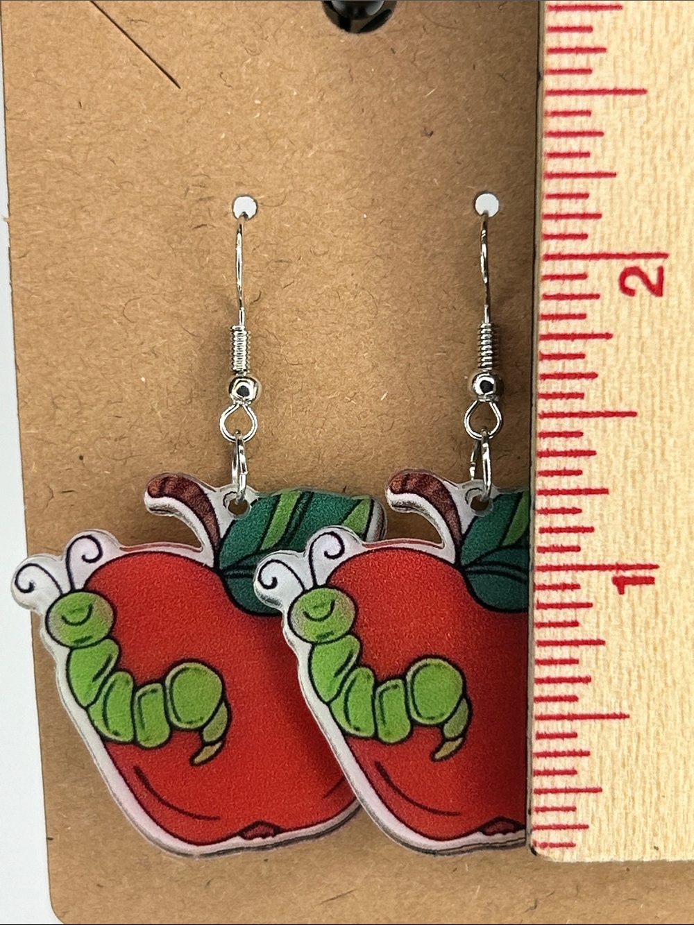 Red Apple Worm Teacher Dangle Earrings - Fun School Accessory Fashion Jewelry - Picture 2 of 3